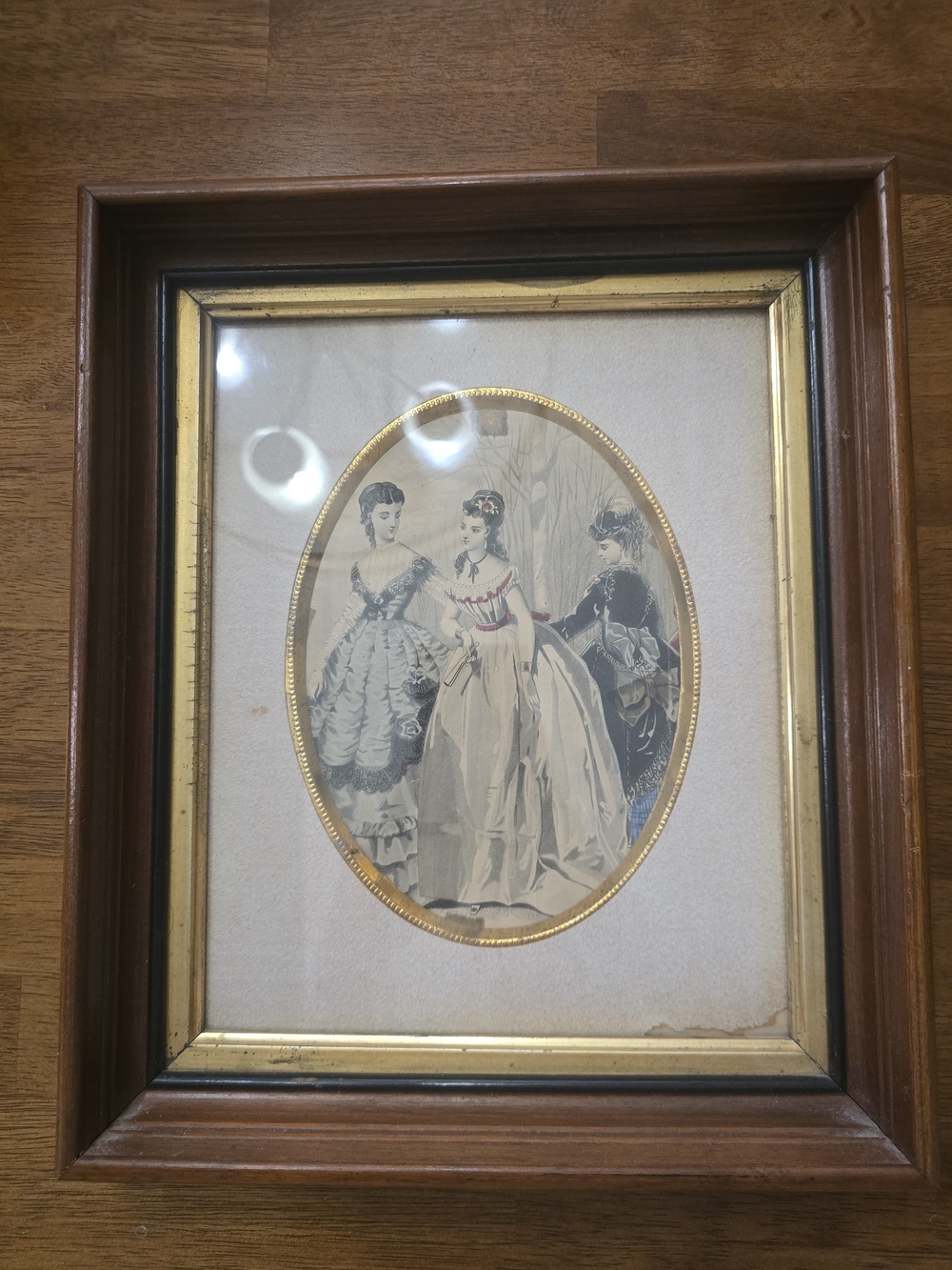 Antique Victorian French Fashion Plate Print - Framed Gilt & Dark Wood - Vintage